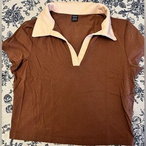 SHEIN Brown Cropped Polo Top with Cream Collar
